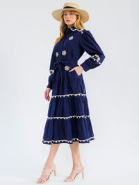 WOMEN'S LONG SLEEVE BUTTON UP TIERED EMBROIDERY MAXI DRESS