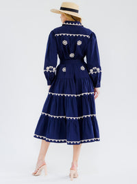 WOMEN'S LONG SLEEVE BUTTON UP TIERED EMBROIDERY MAXI DRESS