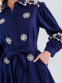 WOMEN'S LONG SLEEVE BUTTON UP TIERED EMBROIDERY MAXI DRESS