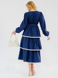 WOMEN'S LONG SLEEVE V-NECK RUFFLE TIERED MAXI DRESS