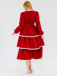 WOMEN'S LONG SLEEVE V-NECK RUFFLE TIERED MAXI DRESS
