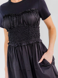 WOMEN'S SHORT SLEEVE FRONT POCKETS SMOCK WAIST MAXI DRESS