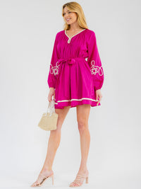WOMEN'S LONG SLEEVE FRONT POCKETS SELF TIE DETAILED MINI DRESS