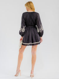 WOMEN'S LONG SLEEVE FRONT POCKETS SELF TIE DETAILED MINI DRESS