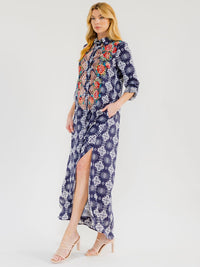 WOMEN'S LONG SLEEVE BUTTON UP SLIT FLORAL EMBROIDERY POCKETS MULTI PRINT MAXI DRESS