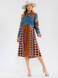 WOMEN'S LONG SLEEVE BUTTON UP SLIT FLORAL EMBROIDERY POCKETS MULTI PRINT MIDI DRESS