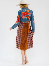 WOMEN'S LONG SLEEVE BUTTON UP SLIT FLORAL EMBROIDERY POCKETS MULTI PRINT MIDI DRESS