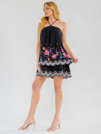 WOMEN'S SLEEVELESS HALTER NECK FLORAL EMBROIDERY TIERED MINI DRESS