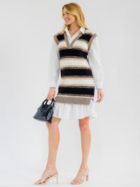 WOMEN'S LONG SLEEVE V-NECK COLORBLOCK CONTRAST SWEATER MINI DRESS
