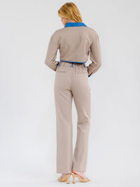 WOMEN'S LONG SLEEVE CROP TOP & BUTTON CLOSURE PANTS STRIPES CONTRAST 2PC. SET