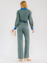 WOMEN'S LONG SLEEVE CROP TOP & BUTTON CLOSURE PANTS STRIPES CONTRAST 2PC. SET