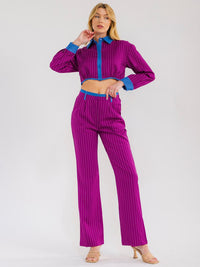 WOMEN'S LONG SLEEVE CROP TOP & BUTTON CLOSURE PANTS STRIPES CONTRAST 2PC. SET