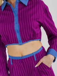 WOMEN'S LONG SLEEVE CROP TOP & BUTTON CLOSURE PANTS STRIPES CONTRAST 2PC. SET