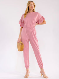 WOMEN'S SHORT RUFFLE SLEEVES FRONT POCKETS ELASTIC WAIST JOGGER JUMPSUIT