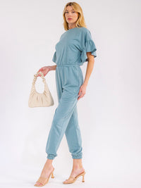 WOMEN'S SHORT RUFFLE SLEEVES FRONT POCKETS ELASTIC WAIST JOGGER JUMPSUIT