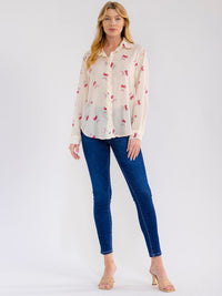 WOMEN'S LONG SLEEVE BUTTON UP CHERRY PRINT BLOUSE