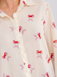 WOMEN'S LONG SLEEVE BUTTON UP CHERRY PRINT BLOUSE