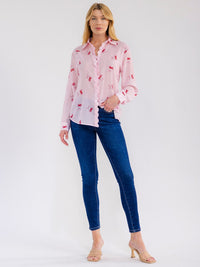 WOMEN'S LONG SLEEVE BUTTON UP CHERRY PRINT BLOUSE
