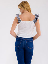 WOMEN'S SLEEVELESS RUFFLE EMBROIDERY V-NECK TANK TOP