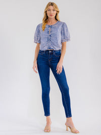 WOMEN'S SHORT SLEEVE FRONT KEY HOLE WASHED DENIM TOP