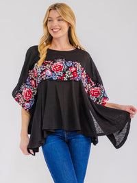WOMEN'S SHORT SLEEVE FLORAL EMBROIDERY BLOUSE
