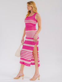 WOMEN'S SLEEVELESS COLORBLOCK STRIPES SIDE SLIT KNIT BODYCON MAXI DRESS