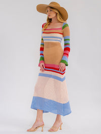 WOMEN'S LONG BELL SLEEVE COLORBLOCK STRIPES KNIT BODYCON MAXI DRESS