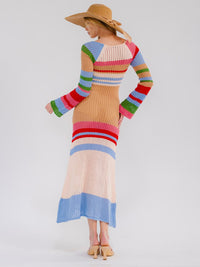 WOMEN'S LONG BELL SLEEVE COLORBLOCK STRIPES KNIT BODYCON MAXI DRESS