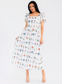 WOMEN'S SHORT PUFF SLEEVE SQUARE NECK EMBROIDERY FLORAL MAXI DRESS