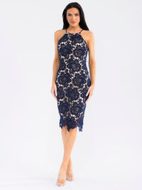 WOMEN'S SLEEVELESS HALTER NECK CROCHET MIDI DRESS