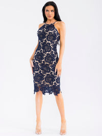WOMEN'S SLEEVELESS HALTER NECK CROCHET MIDI DRESS