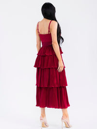 WOMEN'S SLEEVELESS LACE DETAILED RUFFLE TIERED PLEATED MAXI DRESS