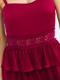 WOMEN'S SLEEVELESS LACE DETAILED RUFFLE TIERED PLEATED MAXI DRESS