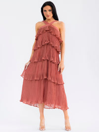 WOMEN'S SLEEVELESS HALTER NECK RUFFLE TIERED PLEATED MAXI DRESS