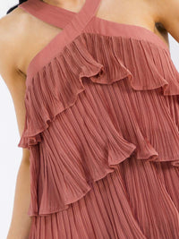 WOMEN'S SLEEVELESS HALTER NECK RUFFLE TIERED PLEATED MAXI DRESS