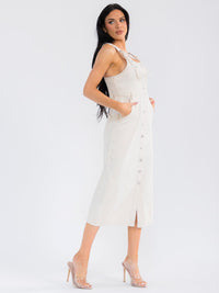 WOMEN'S SLEEVELESS BUTTON UP POCKETS DENIM OVERALL MAXI DRESS