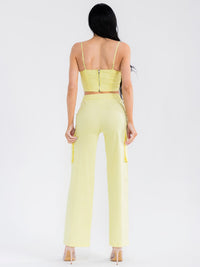 WOMEN'S SLEEVELESS CROP TOP & BUTTON CLOSURE STRAIGHT LEG PANTS STRETCH DENIM 2PC. SET