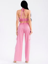 WOMEN'S HALTER NECK CROP TOP & BUTTON CLOSURE WIDE LEG PANTS STRIPES 2PC. SET