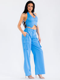 WOMEN'S HALTER NECK CROP TOP & BUTTON CLOSURE WIDE LEG PANTS STRIPES 2PC. SET