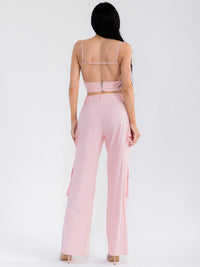 WOMEN'S SLEEVELESS CROP TOP & BUTTON CLOSURE CARGO PANTS SOLID 2PC. SET