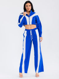 WOMEN'S LONG SLEEVE CROP JACKET & ELASTIC WAIST PANTS COLORBLOCK 2PC. SET
