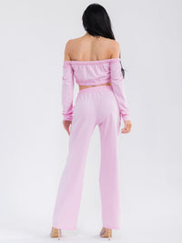 WOMEN'S LONG SLEEVE CROP TOP & ELASTIC WAIST PANTS SOLID 2PC. SET