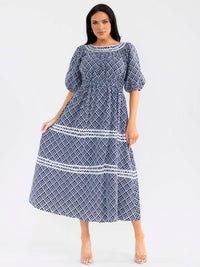 WOMEN'SSHORT SLEEVE ELASTIC WAIST FRONT POCKETS EMBROIDERY MAXI DRESS