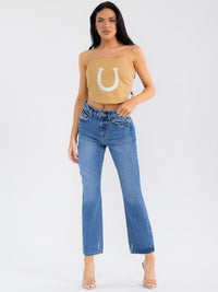 WOMEN'S SLEEVELESS SMOCK BACK DENIM TUBE CROP TOP