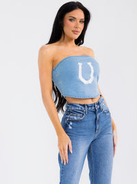 WOMEN'S SLEEVELESS SMOCK BACK DENIM TUBE CROP TOP