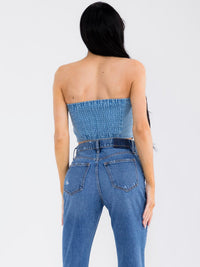 WOMEN'S SLEEVELESS SMOCK BACK DENIM TUBE CROP TOP