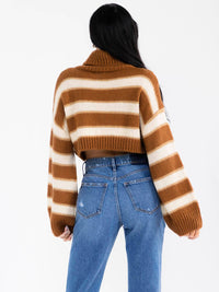 WOMEN'S LONG SLEEVE TURTLE NECK COLORBLOCK STRIPES PULLOVER CROP SWEATER