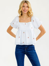 WOMEN'S SHORT SLEEVE SMOCK CHERRY EMBROIDERY PLAID LOOSE FIT BLOUSE