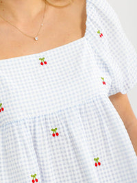 WOMEN'S SHORT SLEEVE SMOCK CHERRY EMBROIDERY PLAID LOOSE FIT BLOUSE