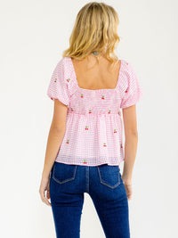 WOMEN'S SHORT SLEEVE SMOCK CHERRY EMBROIDERY PLAID LOOSE FIT BLOUSE